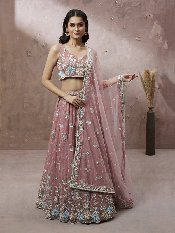 House of Panchhi Coral Pure Georgette Sequins with heavy Zarkan embroidery Lehenga choli & Dupatta on Sale