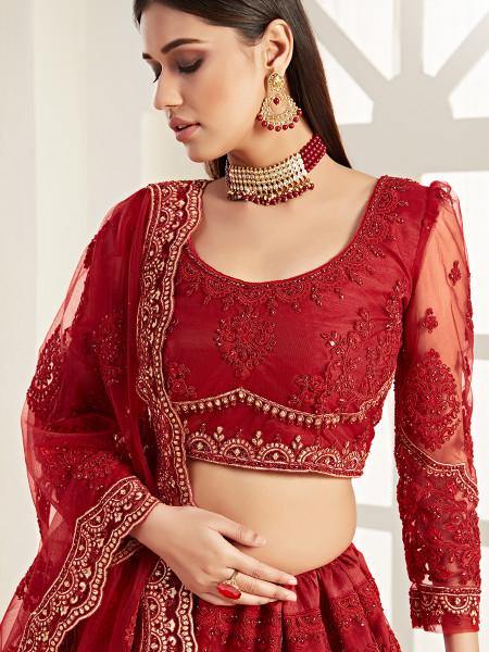 Myra Red Heavy Embroidered Net Lehenga For Cheap