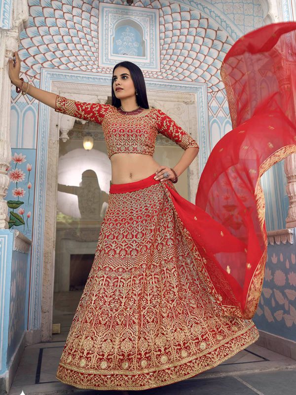 Myra Red Gorgette Embroidered Lehenga Sale