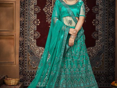 Myra Persion Green Ocean Heavy Embroidered Net Lehenga For Discount