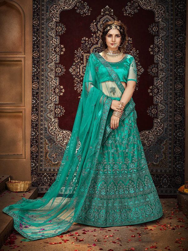 Myra Persion Green Ocean Heavy Embroidered Net Lehenga For Discount