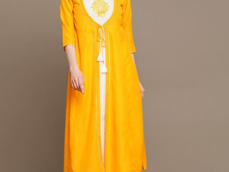 HERE&NOW Round Neck Embroidered Yoke Design Gotta Patti Layered Pure Cotton A-Line Kurta For Sale