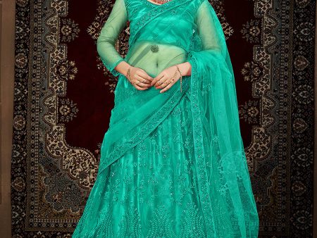 Myra Sea Green Heavy Embroidered Net Lehenga For Cheap