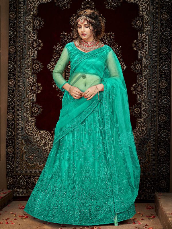 Myra Sea Green Heavy Embroidered Net Lehenga For Cheap