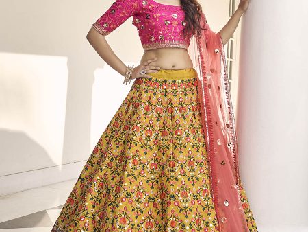 Myra Mustard Yellow and Rani Pink Art Silk Heavy Embroidered Lehenga For Cheap