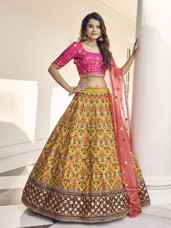 Myra Mustard Yellow and Rani Pink Art Silk Heavy Embroidered Lehenga For Cheap