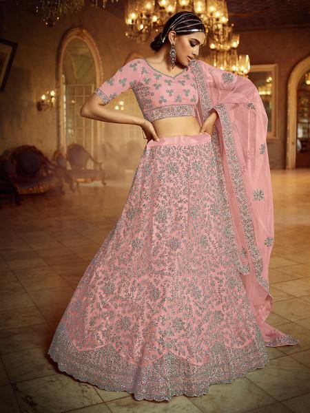 Myra Pink Soft Net Heavy Embroidered Lehenga Discount