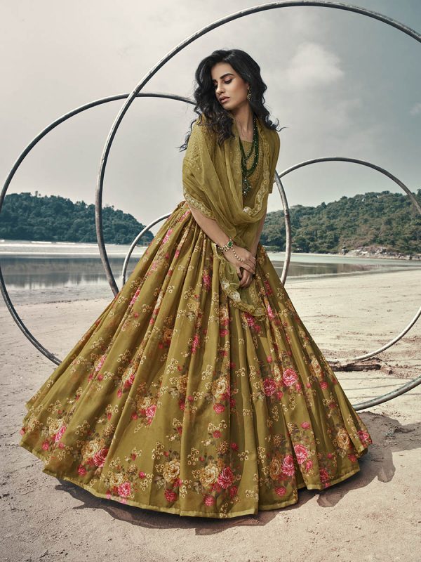 Myra Olive Green Organza Printed & Embroidered Lehenga Sale