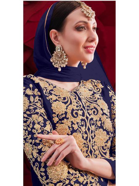 Myra Navy Blue Georgette Embroidered Anarkali Pant Style Suit Hot on Sale