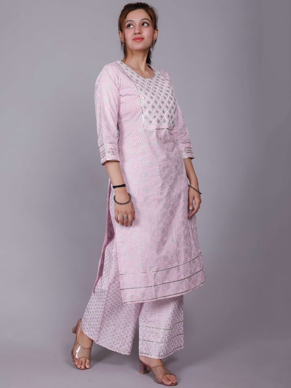 HERE&NOW Pink Ethnic Motifs Embroidered Sequinned Pure Cotton Kurta with Palazzos on Sale