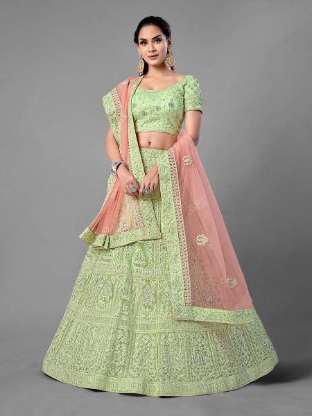 Myra Pista Heavy Embroidered Soft Net bridal Lehenga on Sale