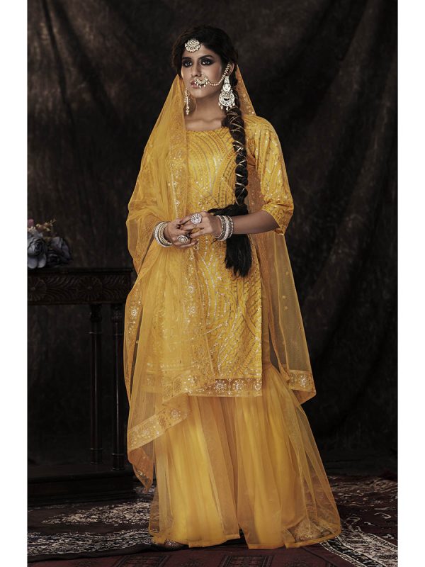 Myra Mustard Net Embroidered Sharara Suit Online now