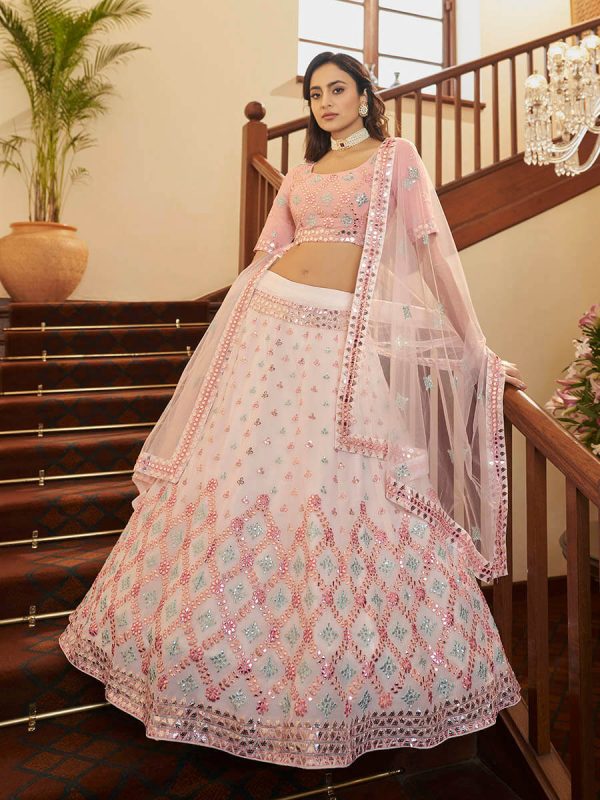 Myra Pearl White and Pink Georgette Embroidered Party Wear Lehenga on Sale