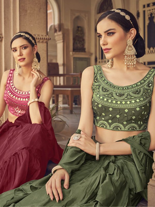 Myra Olive Chinon & Art SIlk Embroidered Designer Lehenga Choli Hot on Sale