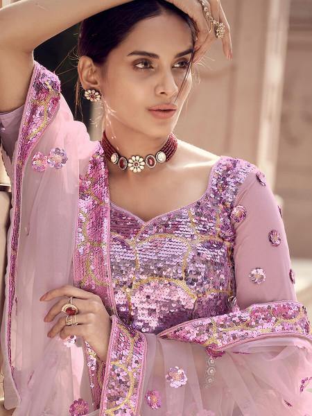 Myra Lilac Soft Net Heavy Embroidered Lehenga on Sale