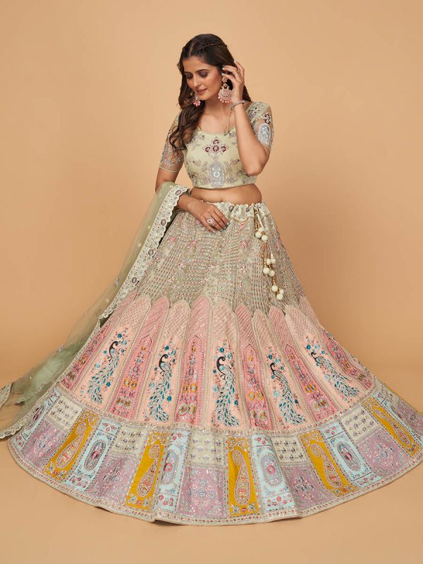 Myra Pista Green Soft Net Heavy Embroidered Designer Lehenga Online now