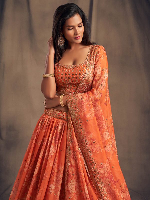 Myra Orange Organza Silk Embroidered Lehenga For Discount