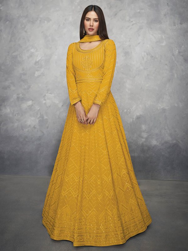 Myra Mustard Yellow Georgette Embroidered Anarkali Suit Cheap