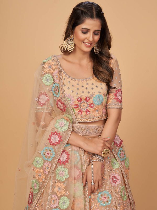 Myra Peach Soft Net Heavy Embroidered Designer Lehenga Online Sale