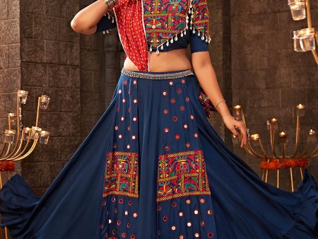 Myra Blue Viscose Rayon Embroidered Designer Navratri Special Lehenga For Discount