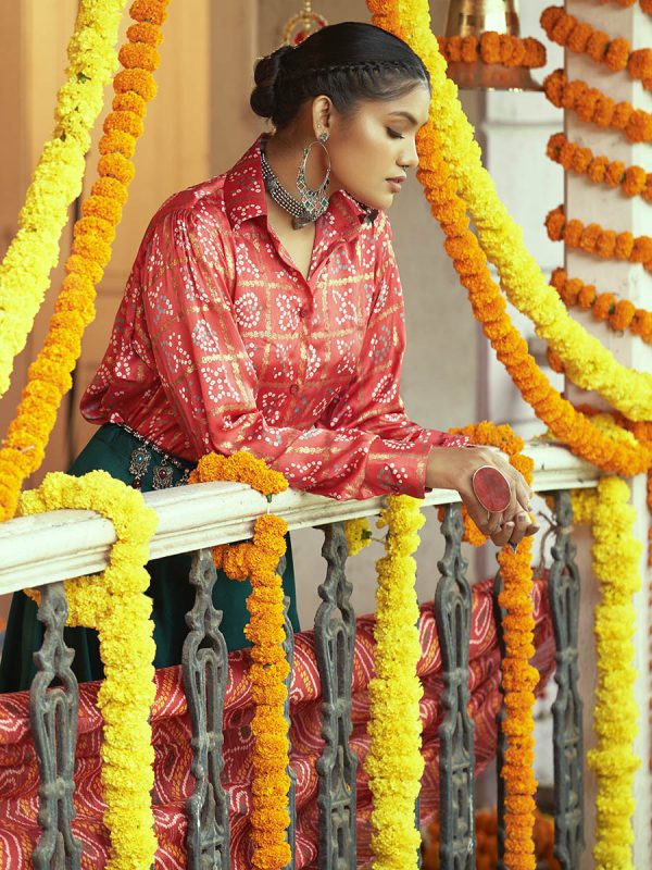 Myra Tomato Red & Green Cotton Embroidered Navratri Special Lehenga Online Sale