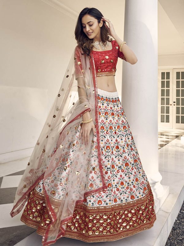 Myra White and Red Art Silk Heavy Embroidered Lehenga For Cheap