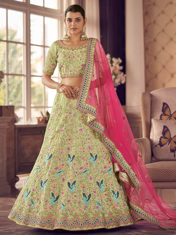 Myra Pista Green Art Silk Heavy Embroidered Lehenga Supply