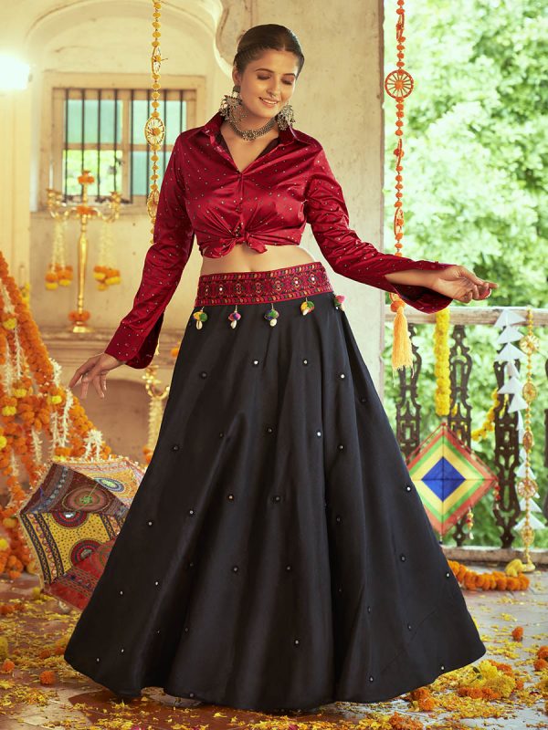 Myra Maroon & Black Cotton Embroidered Navratri Special Lehenga Fashion