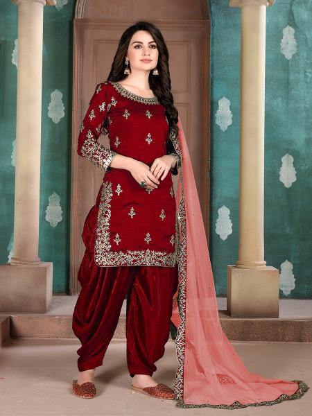 Myra Red Art Silk Embroidered Patiala Suit Sale