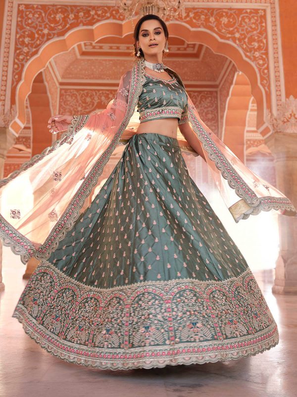 Myra Rama Green Embroidered Designer Lehenga Choli For Sale