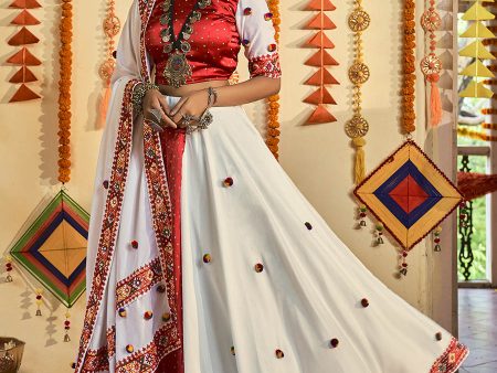 Myra White and Red Maslin Cotton Embroidered Navratri Special Lehenga Sale