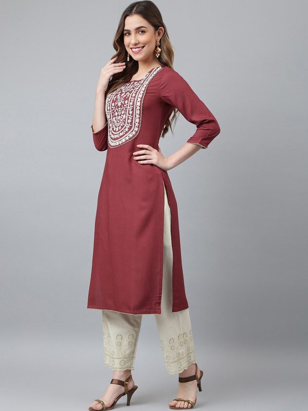 Khushal K Women Burgundy Yoke Design Kurta Online Sale