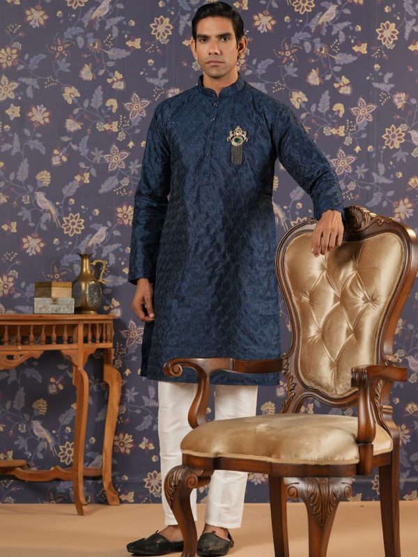 House of Pataudi Ethnic Motifs Embroidered Mandarin Collar Straight Kurta With Trouser Discount