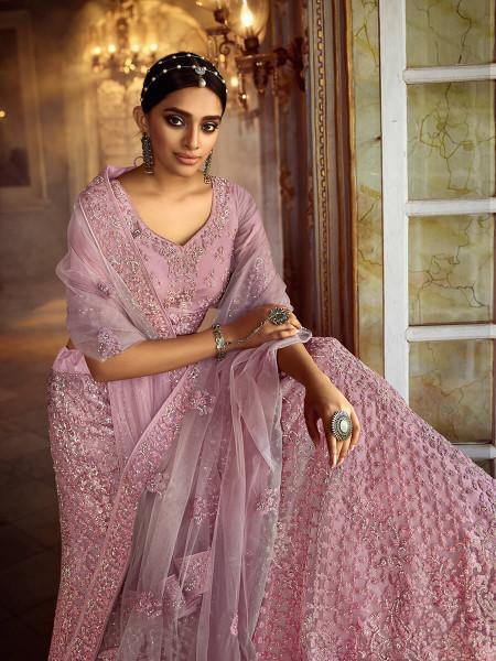 Myra Pink Soft Net Heavy Embroidered Lehenga on Sale