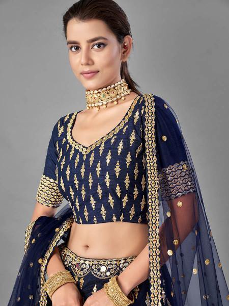 Myra Navy Blue Heavy Embroidered Art Silk Bridal Lehenga Online now