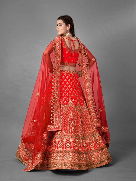 Myra Red Heavy Embroidered Satin Bridal Lehenga For Cheap