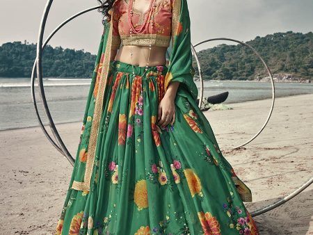 Myra Rama Green Organza Printed & Embroidered Lehenga For Cheap