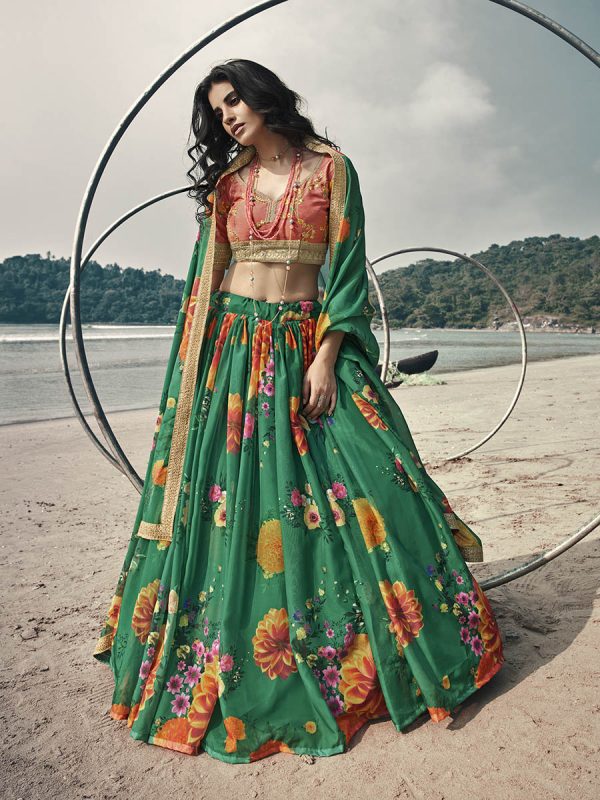 Myra Rama Green Organza Printed & Embroidered Lehenga For Cheap