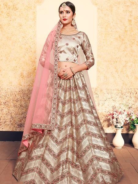 Myra Tortilla Brown Satin Embroidered Lehenga For Sale