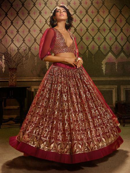 Myra Maroon Embroidered Net Lehenga Online Hot Sale