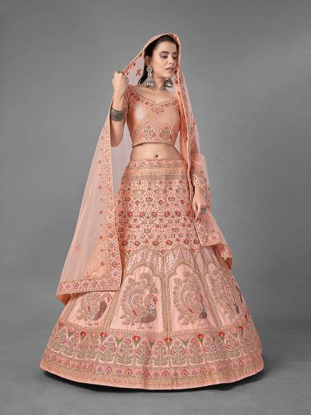 Myra Peach Heavy Embroidered Satin Bridal Lehenga Hot on Sale