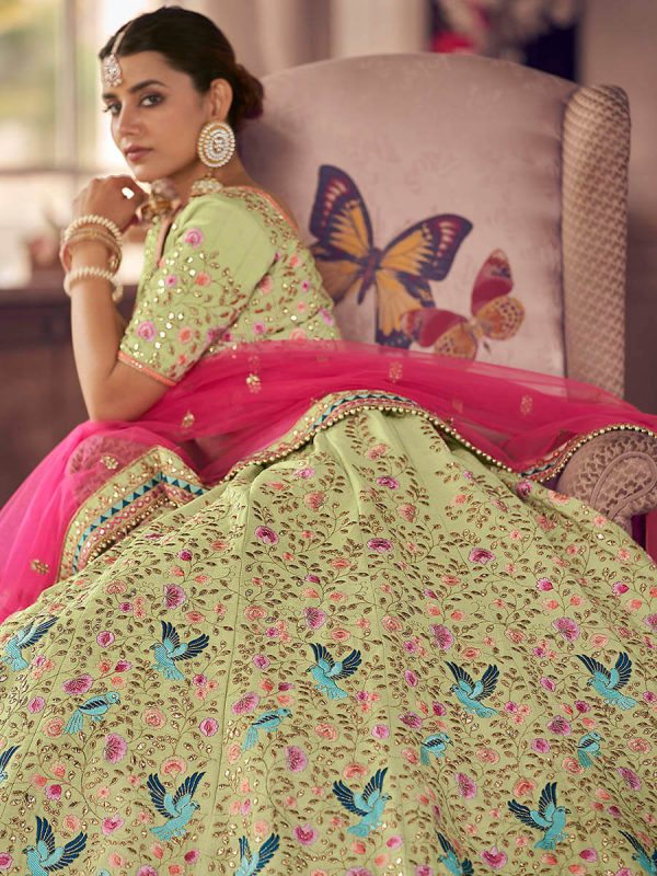 Myra Pista Green Art Silk Heavy Embroidered Lehenga Supply