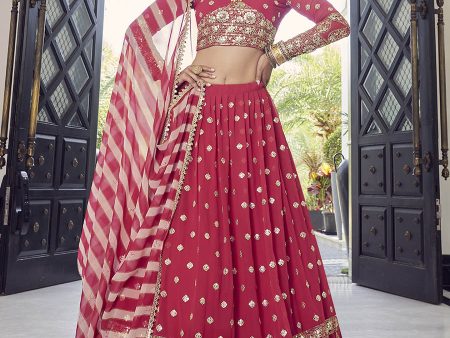 Myra Coral Red Georgette Embroidered Designer Lehenga on Sale