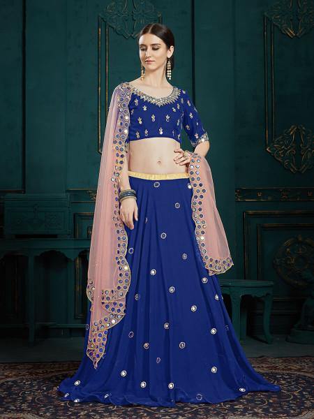 Myra Navi Blue Georgette Embroidered Lehenga on Sale