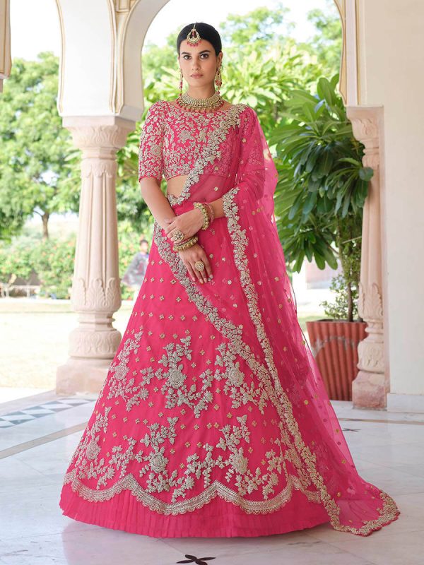 Myra Pink Net Embroidered Lehenga For Cheap