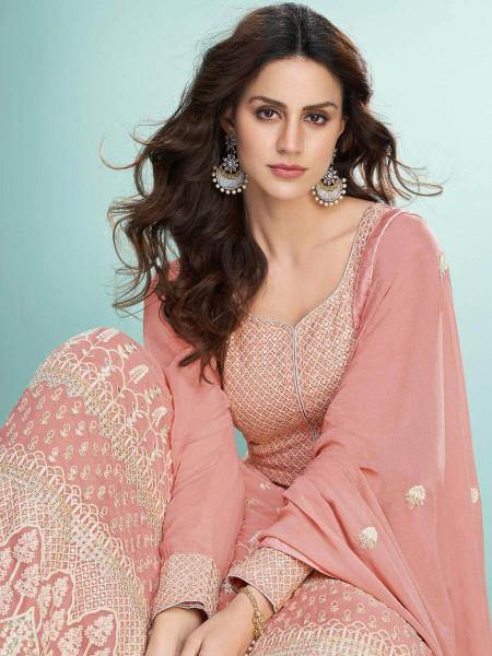 Myra Peach Real Georgette with Luckhnavi work Anarkali Suit For Sale