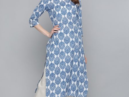 HERE&NOW Women Blue & White Printed Straight Kurta Fashion