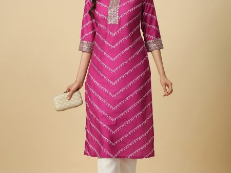 HERE&NOW Pink & White Bandhani Printed Sequinned Straight Kurta Online