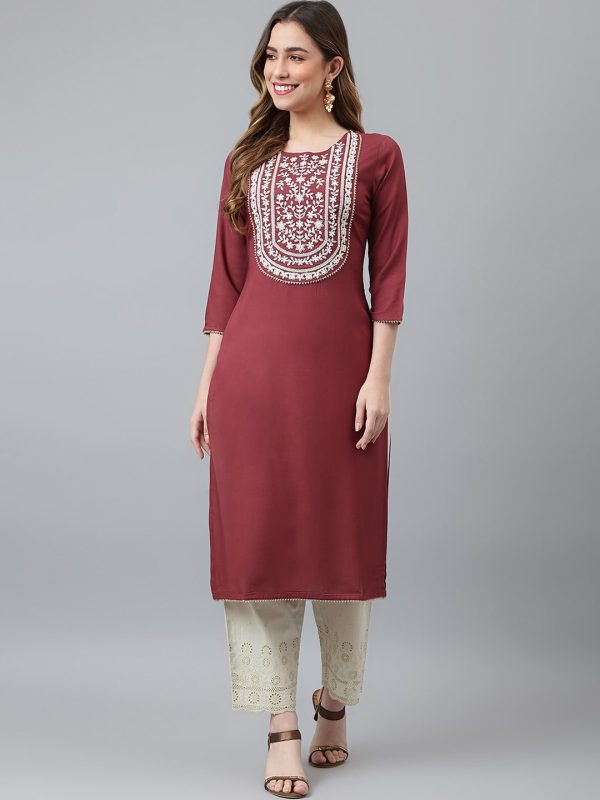 Khushal K Women Burgundy Yoke Design Kurta Online Sale