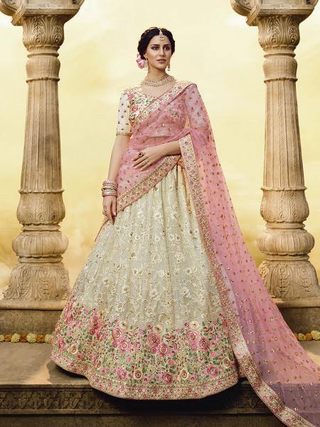 Myra White Heavy Embroidered Georgette Lehenga Discount